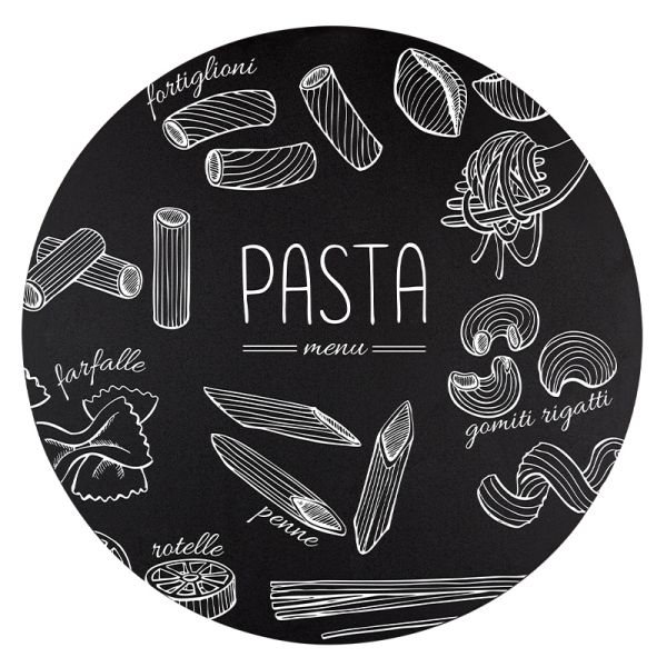 Krijtbord Rond 40 cm – Vooraanzicht met pasta menu krijttekening
