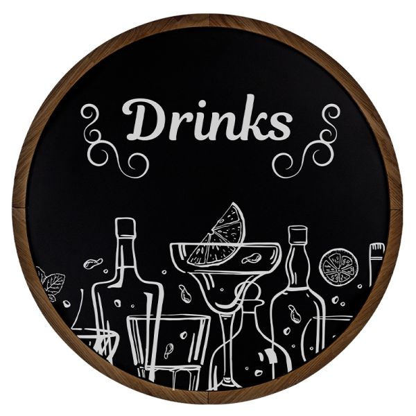 Krijtbord Rond Donker Eiken 40 cm – Vooraanzicht met drinks krijttekening